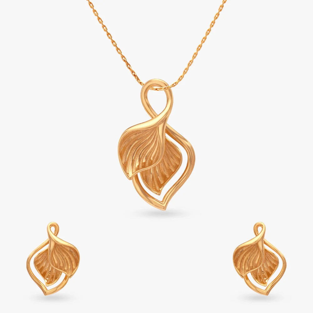 Gold Leaf-Shaped Pendant and Matching Earrings