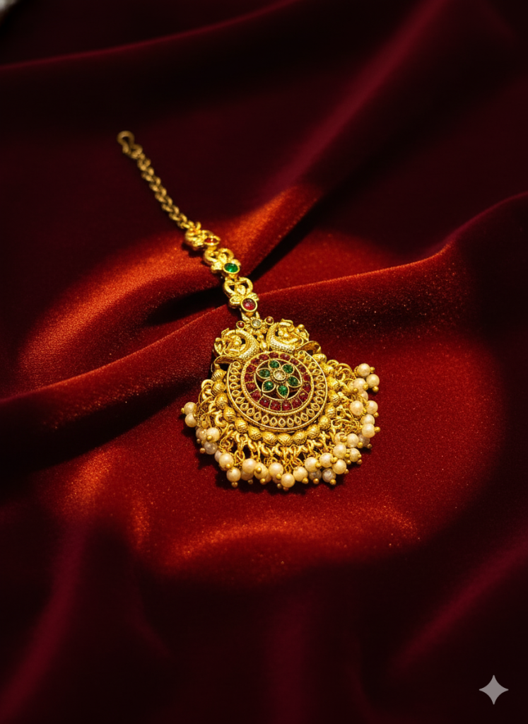 Maang Tikka Placed on Rich Red Velvet Cloth