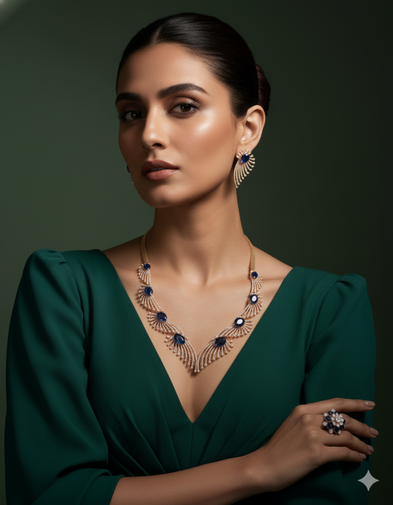 A High-Fashion Model wearing jewellery set